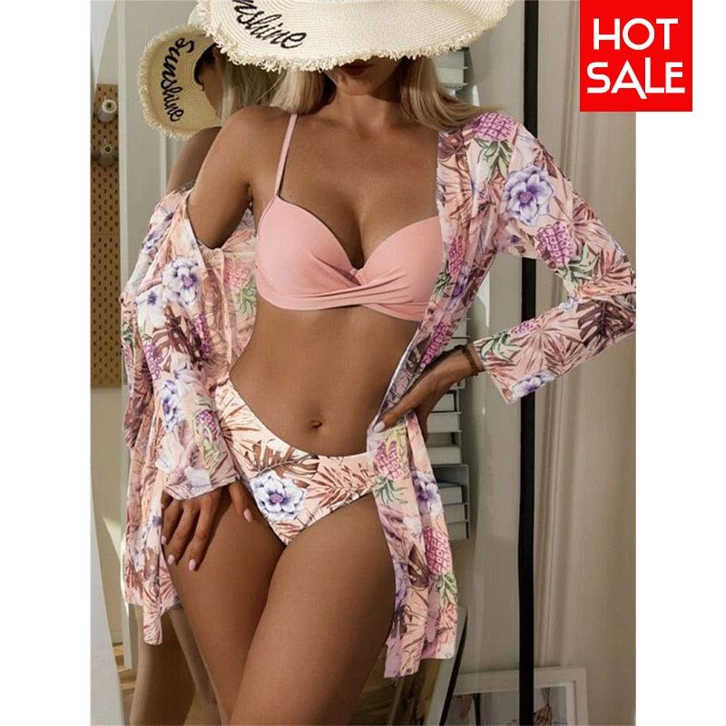 Trending New Three Pieces Bikinis Set - Cover Up Women Floral Print Push Up Swimsuit - Long Sleeve Twist Swimwear Bathing Suit (TB8D)(1U26)(F26) - Deals DejaVu