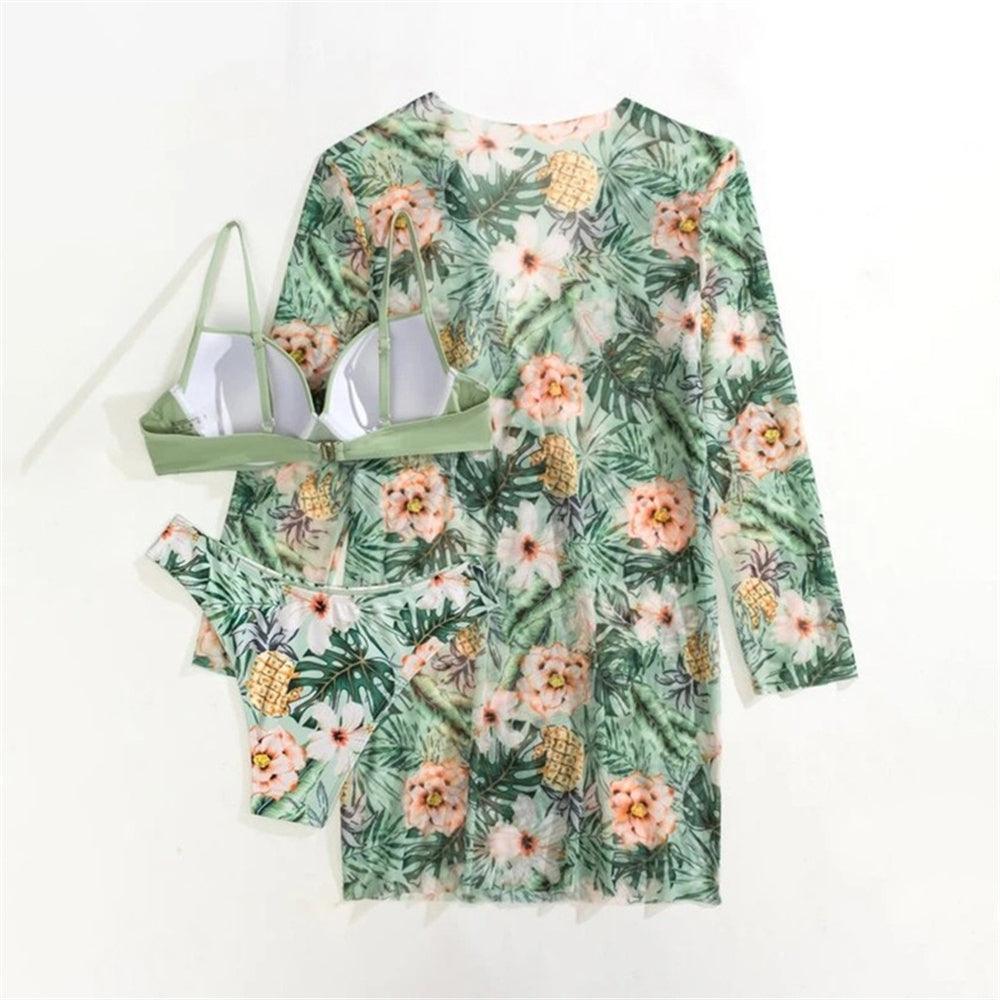 Trending New Three Pieces Bikinis Set - Cover Up Women Floral Print Push Up Swimsuit - Long Sleeve Twist Swimwear Bathing Suit (TB8D)(1U26)(F26) - Deals DejaVu