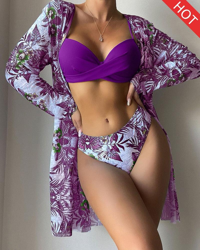 Great Floral Twist Low Waist Bikini Set - Cover Up Swimsuit For Women Push Up Long Sleeve Three Pieces Swimwear - Beach Bathing Suits (TB8D)(1U26)(F26) - Deals DejaVu