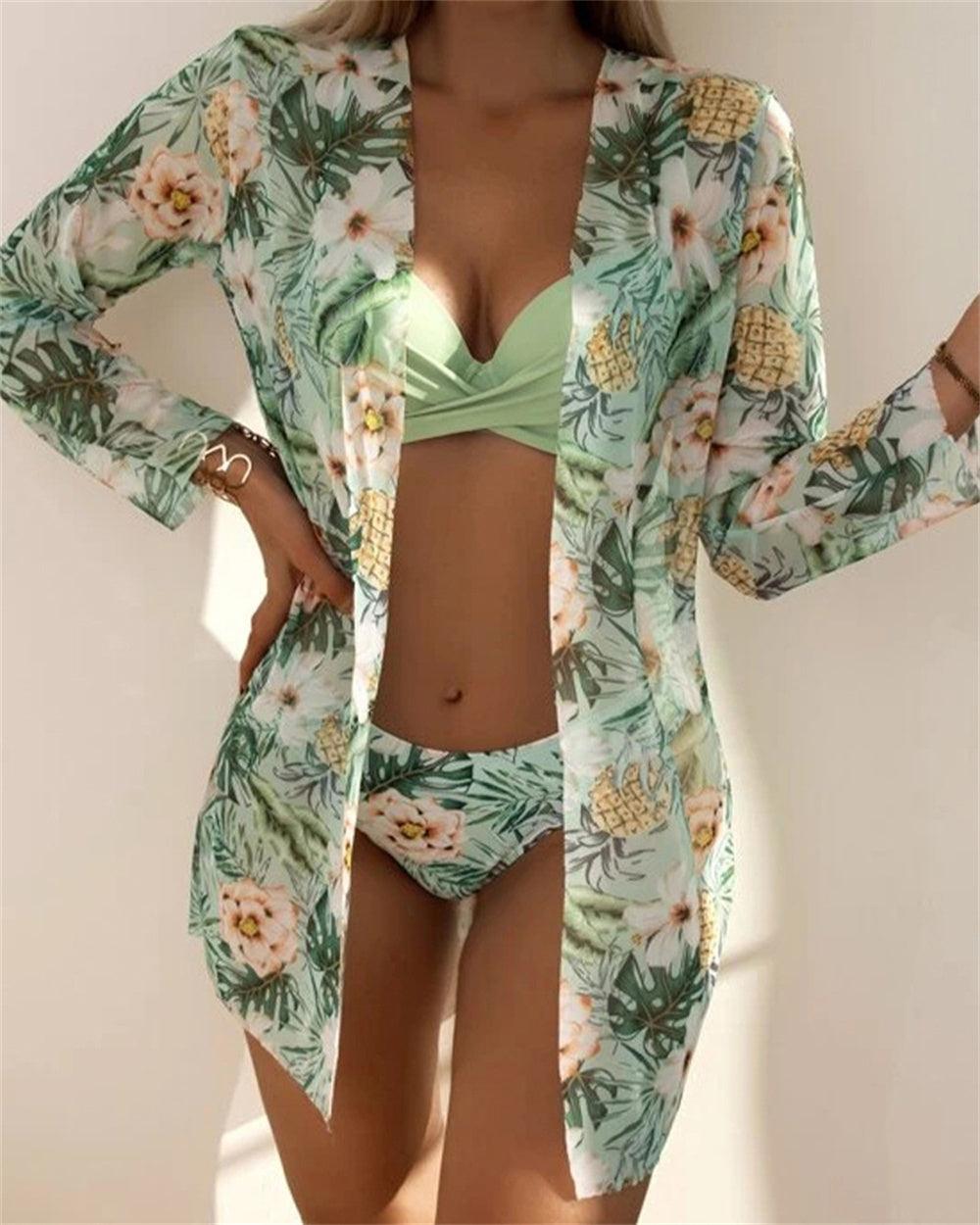 Trending New Three Pieces Bikinis Set - Cover Up Women Floral Print Push Up Swimsuit - Long Sleeve Twist Swimwear Bathing Suit (TB8D)(1U26)(F26) - Deals DejaVu
