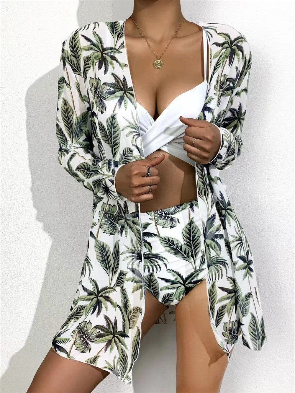Trending New Three Pieces Bikinis Set - Cover Up Women Floral Print Push Up Swimsuit - Long Sleeve Twist Swimwear Bathing Suit (TB8D)(1U26)(F26) - Deals DejaVu