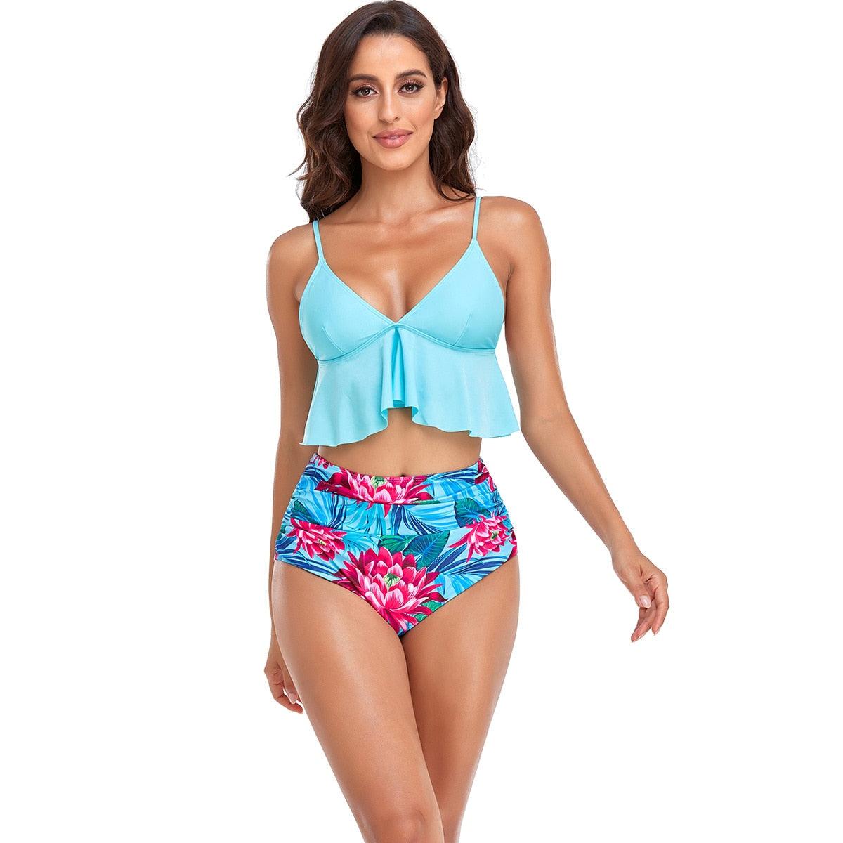 Deep V Neck Ruffles Swimwear Bikinis Sets - Women Swimsuit Two Pieces -High Waist Beach Bathing Suit Floral Beachwear (TB8D)(1U26)(F26) - Deals DejaVu