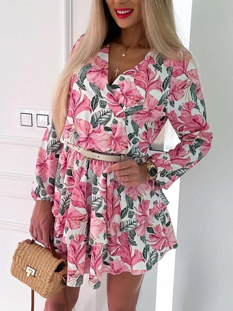 Sexy Flower Print Dresses For Women - No Belt Spring Vintage Long Sleeve -V Neck A Line Dress Elegant Mini Party Vestidos (BWD)(WS06)(F30)(2U30) - Deals DejaVu