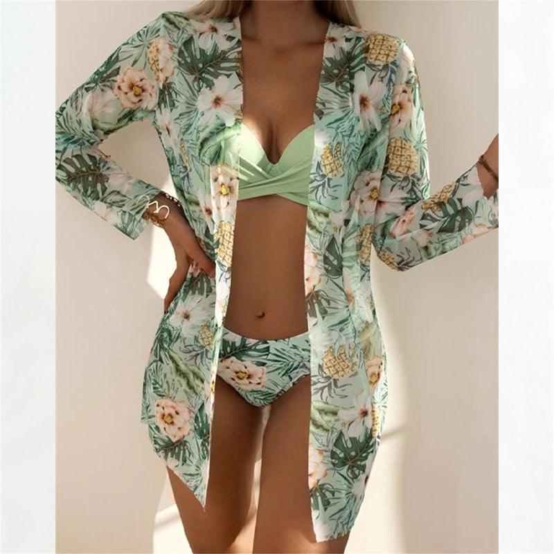 Trending New Three Pieces Bikinis Set - Cover Up Women Floral Print Push Up Swimsuit - Long Sleeve Twist Swimwear Bathing Suit (TB8D)(1U26)(F26) - Deals DejaVu