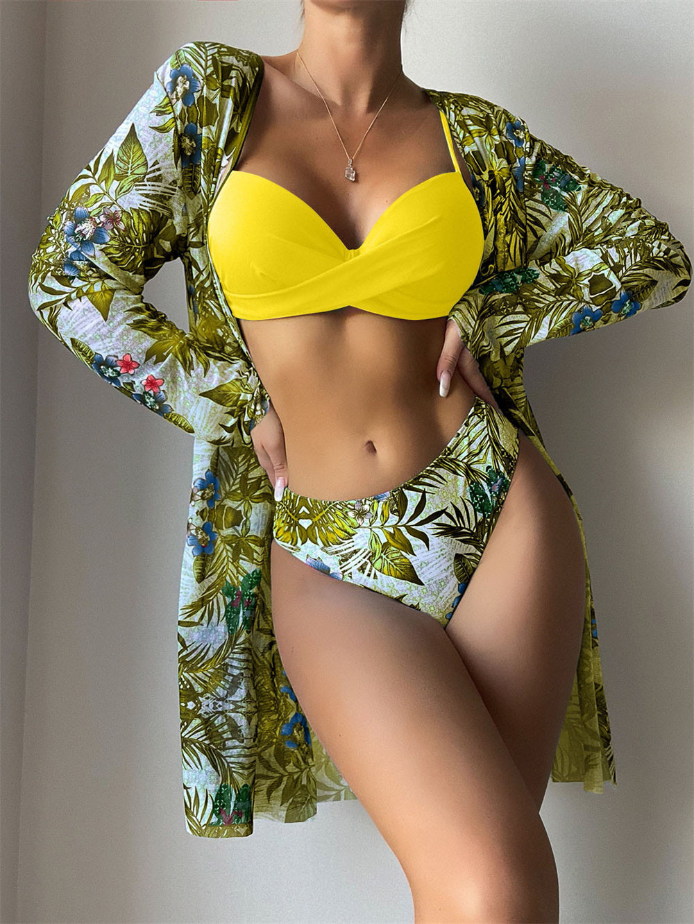Trending New Three Pieces Bikinis Set - Cover Up Women Floral Print Push Up Swimsuit - Long Sleeve Twist Swimwear Bathing Suit (TB8D)(1U26)(F26) - Deals DejaVu