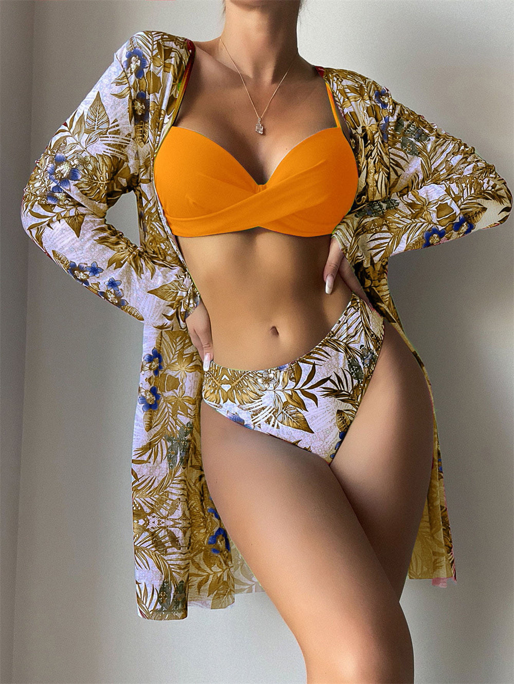 Trending New Three Pieces Bikinis Set - Cover Up Women Floral Print Push Up Swimsuit - Long Sleeve Twist Swimwear Bathing Suit (TB8D)(1U26)(F26) - Deals DejaVu