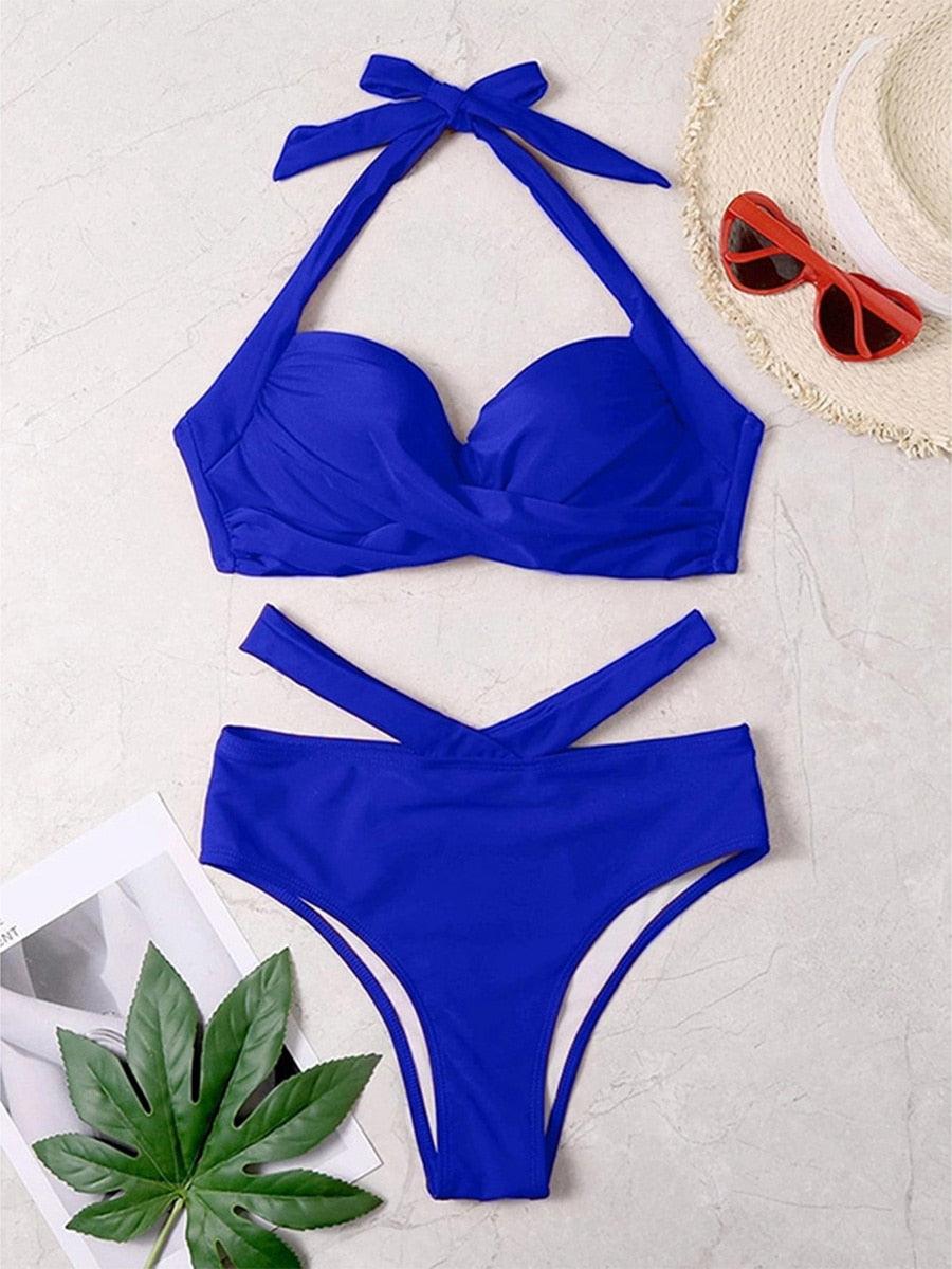 Sexy Halter Bikini - High Waist Swimsuits - Twist Swimwear Solid Push Up Bikini Bathing Suit -Women Cut Out Beach Wear (TB8D)(1U26)(F26) - Deals DejaVu