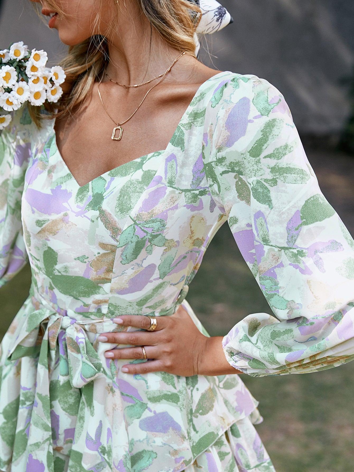 Trending Holiday sash long sleeve ruffle print romper - summer women Lace up floral short overall A-line v-neck beach rompers (BWD)(WS06)(F30)(2U30) - Deals DejaVu