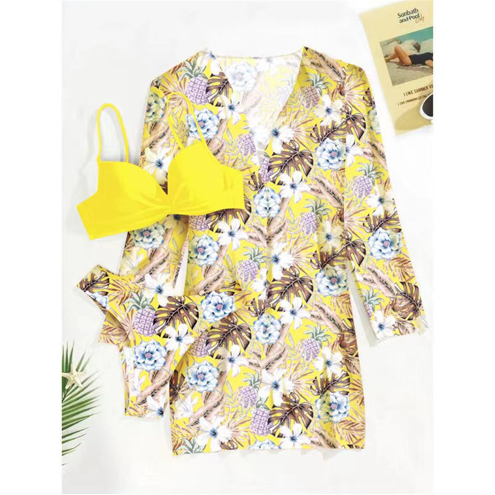Trending New Three Pieces Bikinis Set - Cover Up Women Floral Print Push Up Swimsuit - Long Sleeve Twist Swimwear Bathing Suit (TB8D)(1U26)(F26) - Deals DejaVu