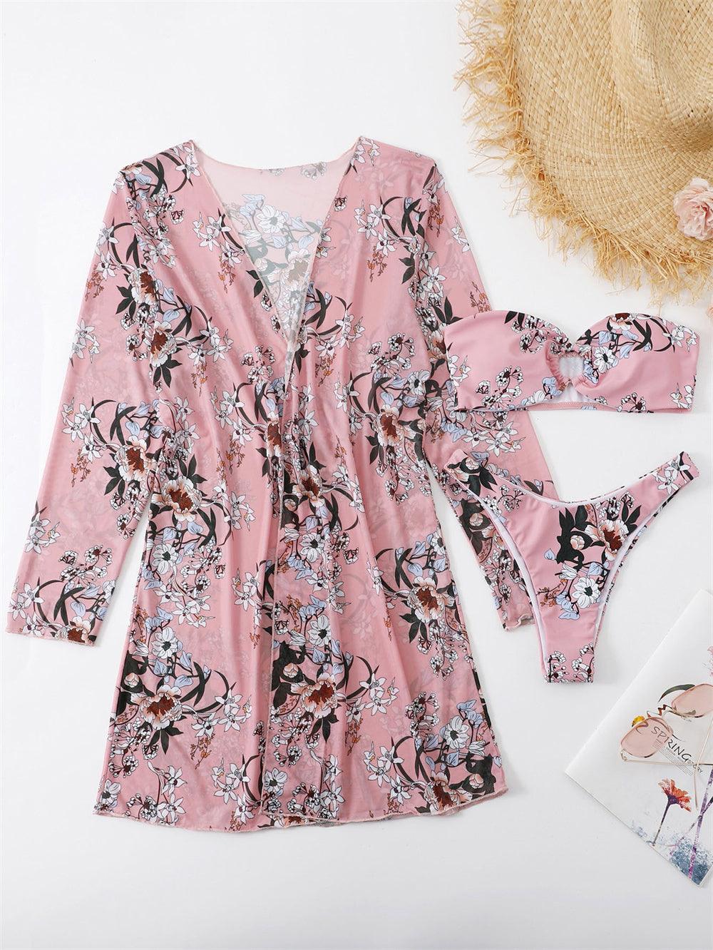 Trending New Three Pieces Bikinis Set - Cover Up Women Floral Print Push Up Swimsuit - Long Sleeve Twist Swimwear Bathing Suit (TB8D)(1U26)(F26) - Deals DejaVu