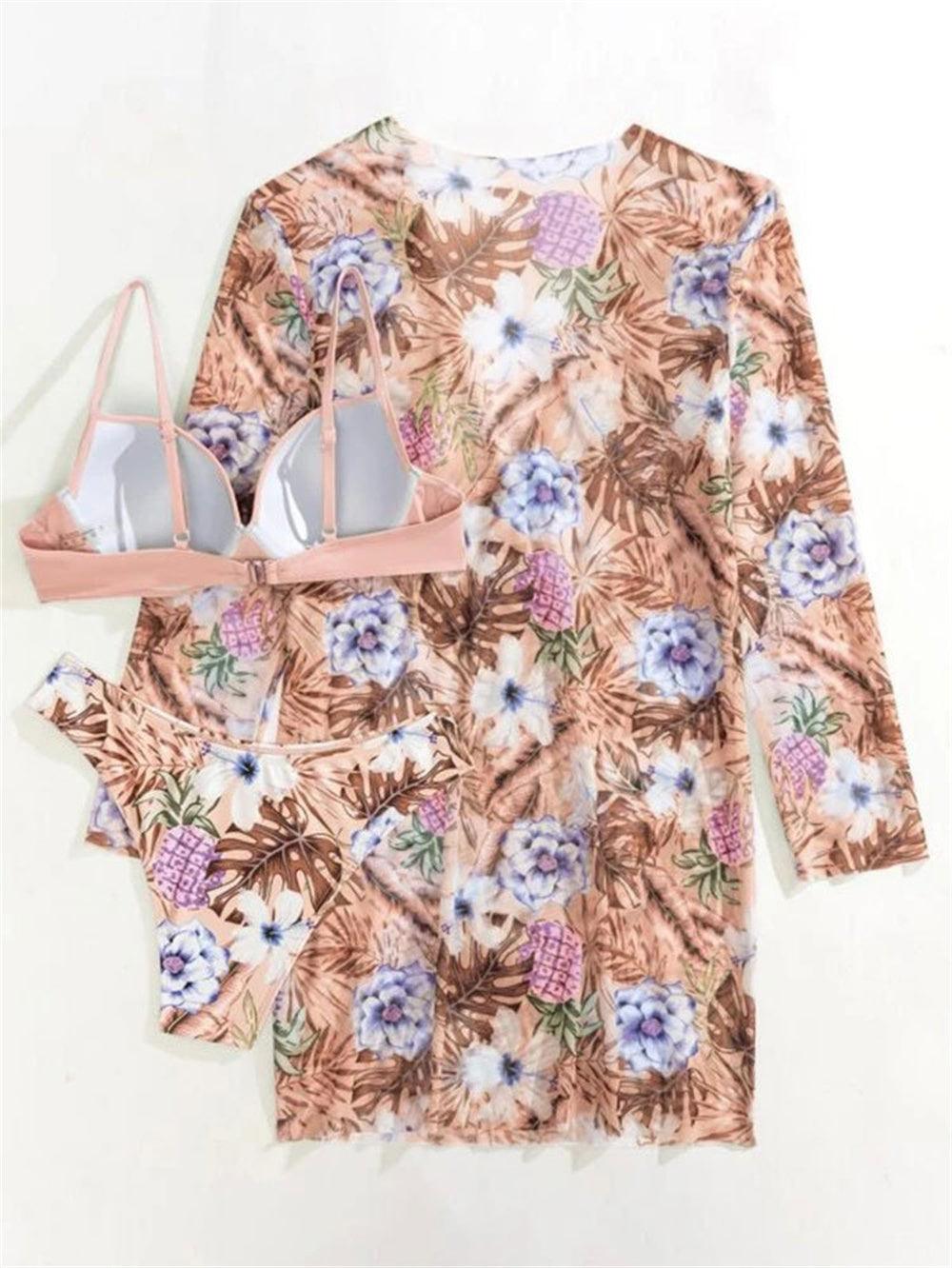 Trending New Three Pieces Bikinis Set - Cover Up Women Floral Print Push Up Swimsuit - Long Sleeve Twist Swimwear Bathing Suit (TB8D)(1U26)(F26) - Deals DejaVu