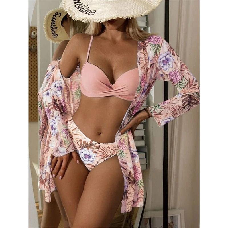 Trending New Three Pieces Bikinis Set - Cover Up Women Floral Print Push Up Swimsuit - Long Sleeve Twist Swimwear Bathing Suit (TB8D)(1U26)(F26) - Deals DejaVu