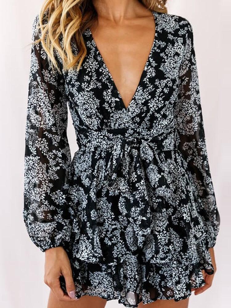 New Chiffon V Neck Women Romper Playsuit Summer Casual Long Sleeve Jumpsuits - 2022 Fashion Print Short Sets Outfit (BWD)(WS06)(F30)(2U30) - Deals DejaVu