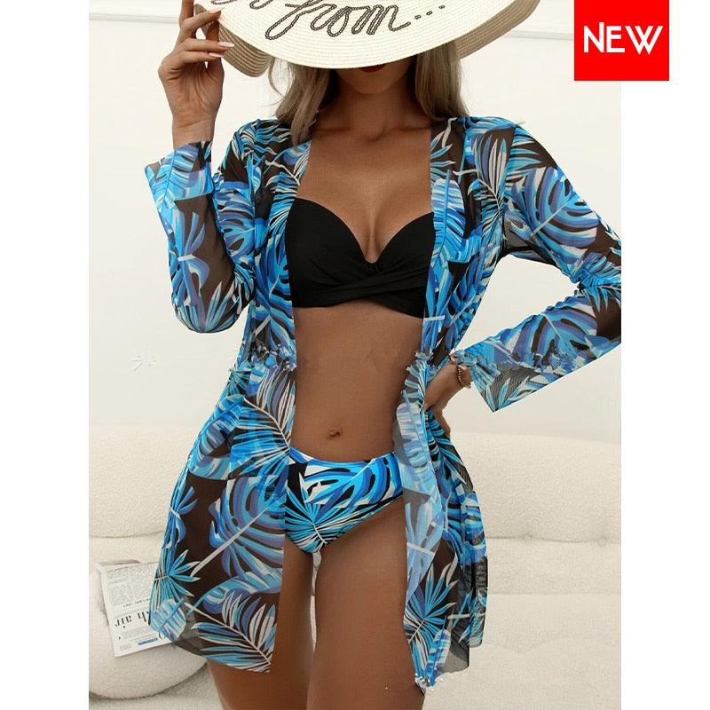 Trending New Three Pieces Bikinis Set - Cover Up Women Floral Print Push Up Swimsuit - Long Sleeve Twist Swimwear Bathing Suit (TB8D)(1U26)(F26) - Deals DejaVu