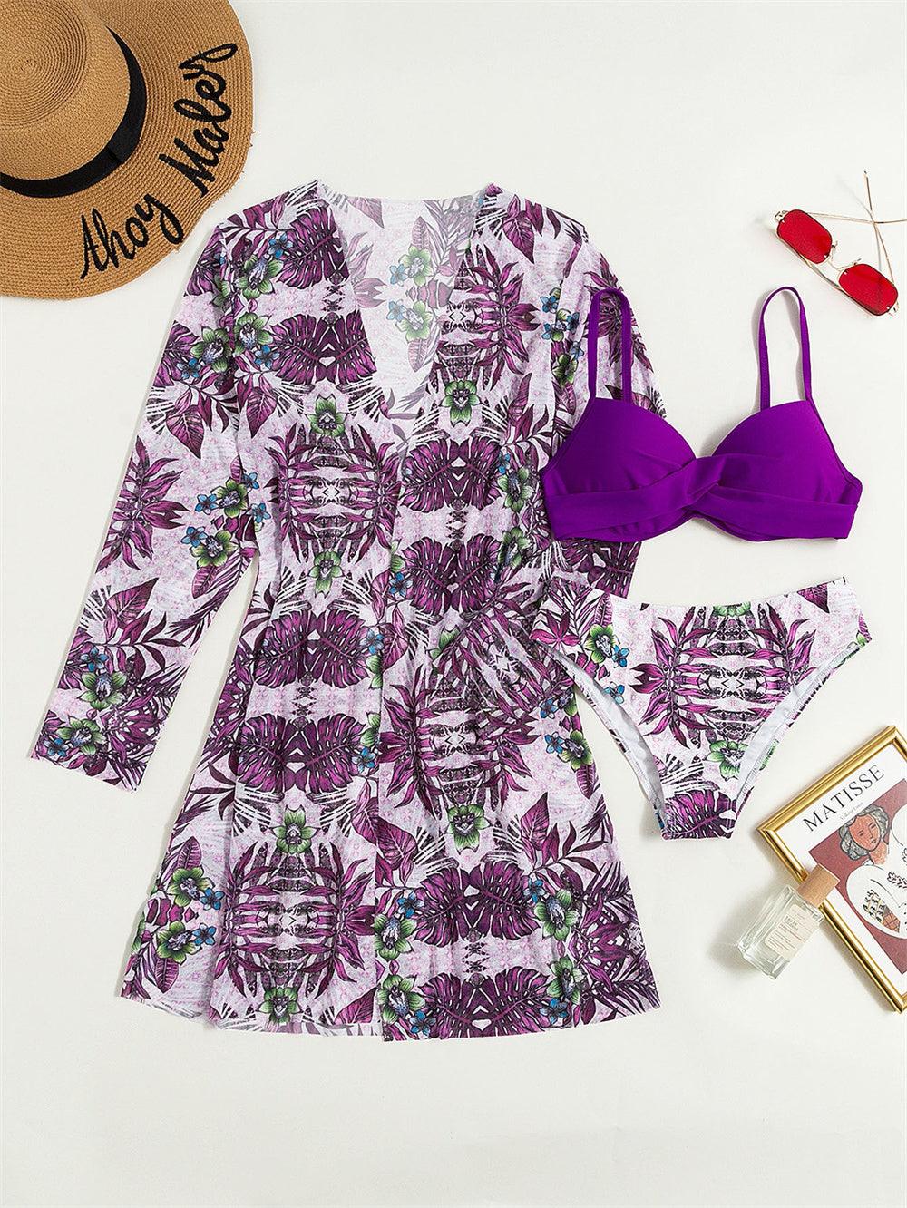Trending New Three Pieces Bikinis Set - Cover Up Women Floral Print Push Up Swimsuit - Long Sleeve Twist Swimwear Bathing Suit (TB8D)(1U26)(F26) - Deals DejaVu