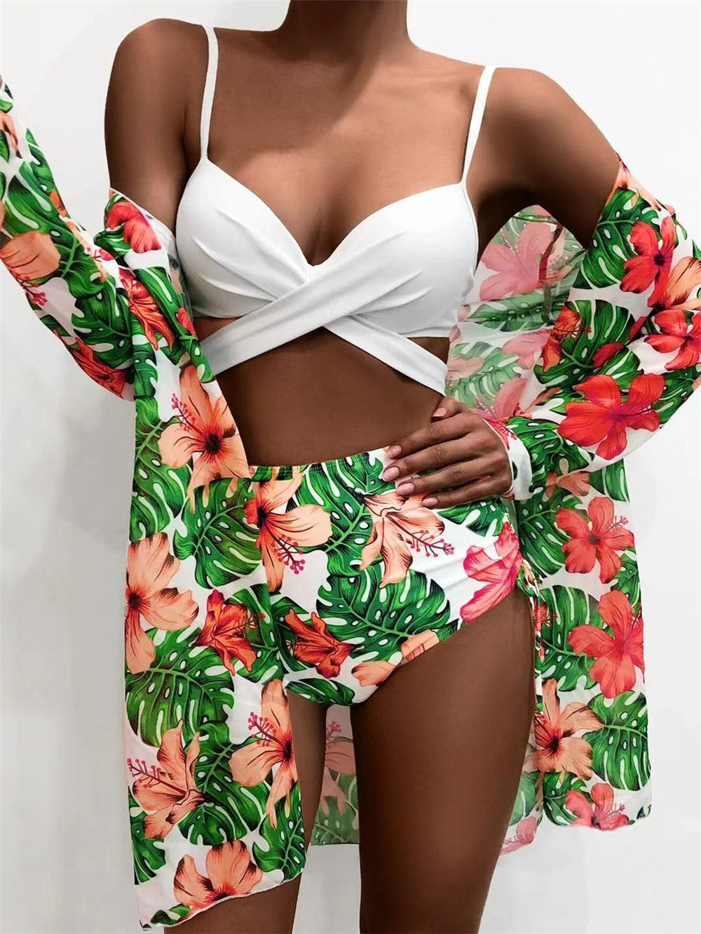 Trending New Three Pieces Bikinis Set - Cover Up Women Floral Print Push Up Swimsuit - Long Sleeve Twist Swimwear Bathing Suit (TB8D)(1U26)(F26) - Deals DejaVu