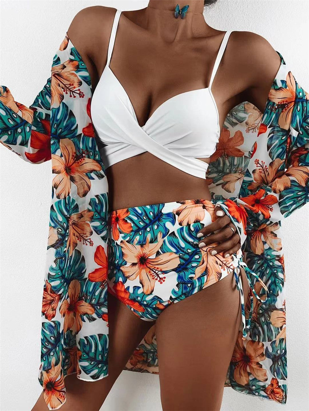 Trending New Three Pieces Bikinis Set - Cover Up Women Floral Print Push Up Swimsuit - Long Sleeve Twist Swimwear Bathing Suit (TB8D)(1U26)(F26) - Deals DejaVu