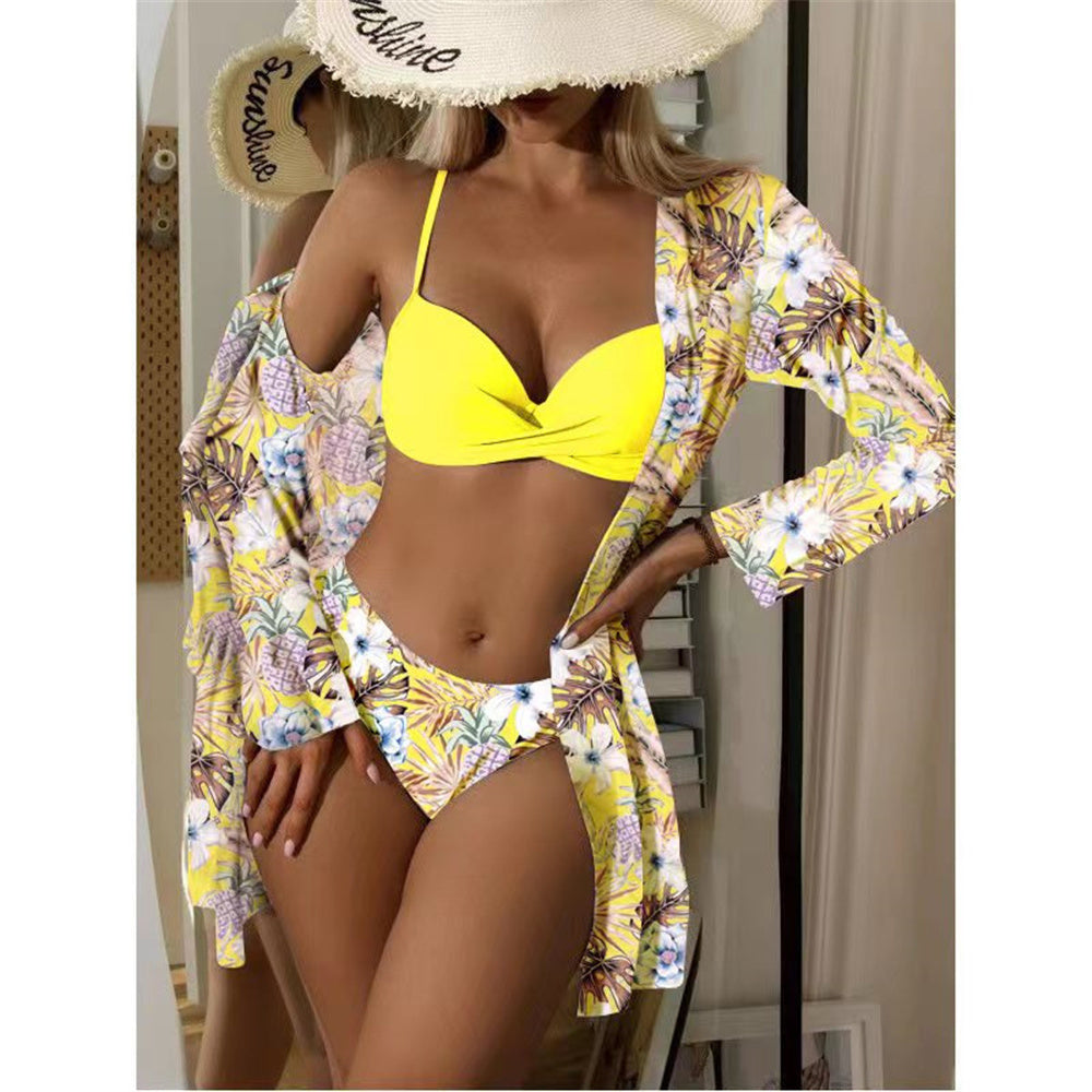 Trending New Three Pieces Bikinis Set - Cover Up Women Floral Print Push Up Swimsuit - Long Sleeve Twist Swimwear Bathing Suit (TB8D)(1U26)(F26) - Deals DejaVu