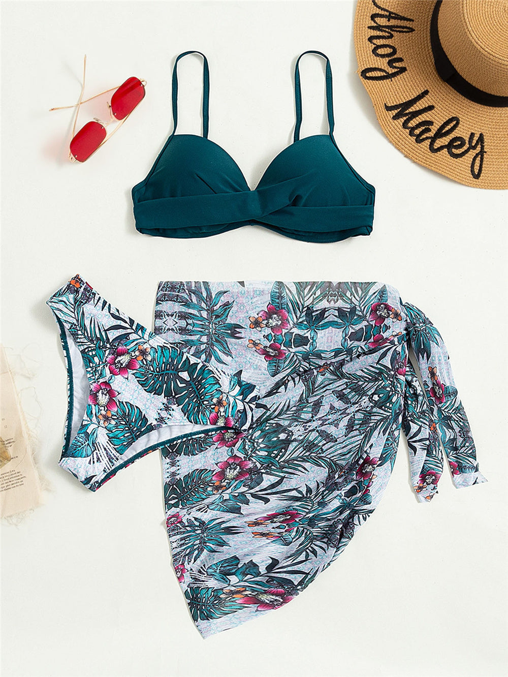 Trending New Three Pieces Bikinis Set - Cover Up Women Floral Print Push Up Swimsuit - Long Sleeve Twist Swimwear Bathing Suit (TB8D)(1U26)(F26) - Deals DejaVu