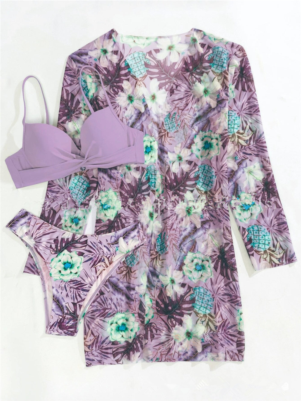 Trending New Three Pieces Bikinis Set - Cover Up Women Floral Print Push Up Swimsuit - Long Sleeve Twist Swimwear Bathing Suit (TB8D)(1U26)(F26) - Deals DejaVu