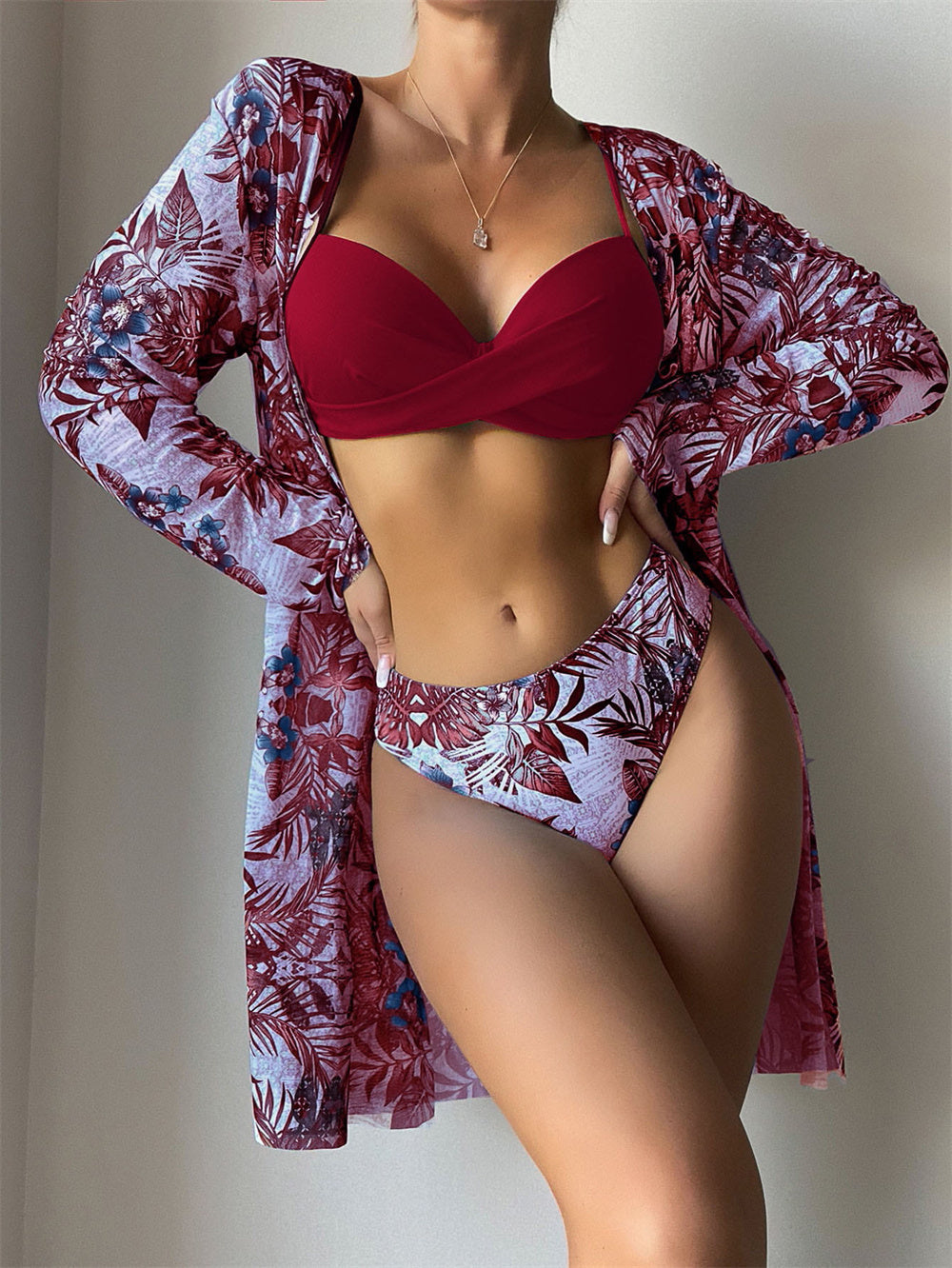Trending New Three Pieces Bikinis Set - Cover Up Women Floral Print Push Up Swimsuit - Long Sleeve Twist Swimwear Bathing Suit (TB8D)(1U26)(F26) - Deals DejaVu