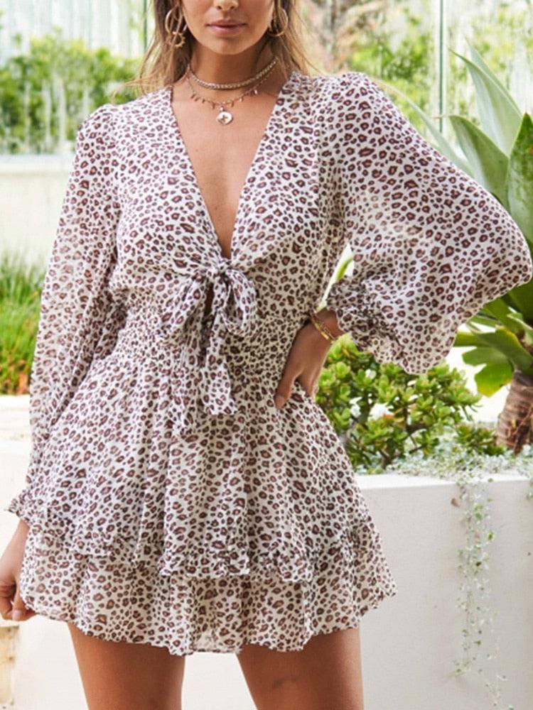 Cute V-Neck Front Bow Tie Leopard Print Sexy Mini Dress - Women Long Sleeve A-Line Ruffle Party Dresses Summer Daily Clothes (BWD)(WS06)(F30)(2U30) - Deals DejaVu