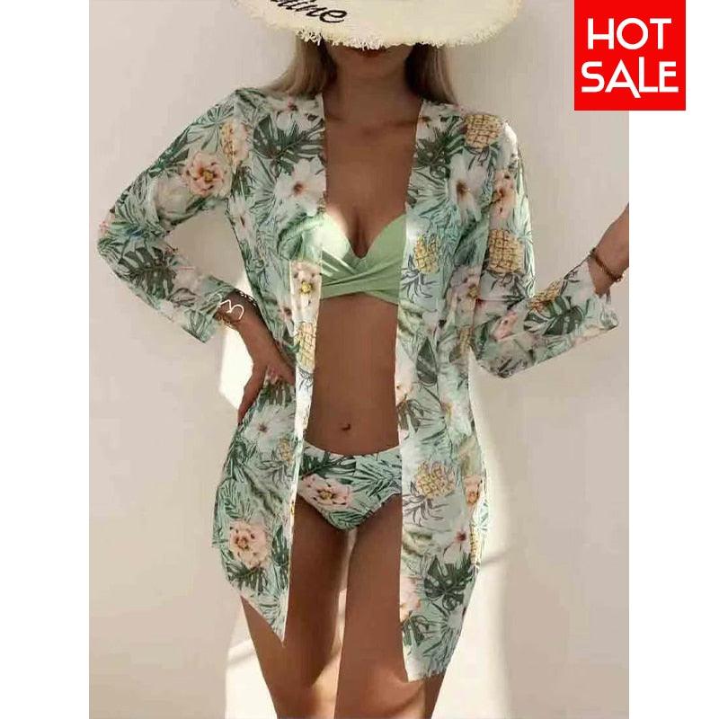 Trending New Three Pieces Bikinis Set - Cover Up Women Floral Print Push Up Swimsuit - Long Sleeve Twist Swimwear Bathing Suit (TB8D)(1U26)(F26) - Deals DejaVu