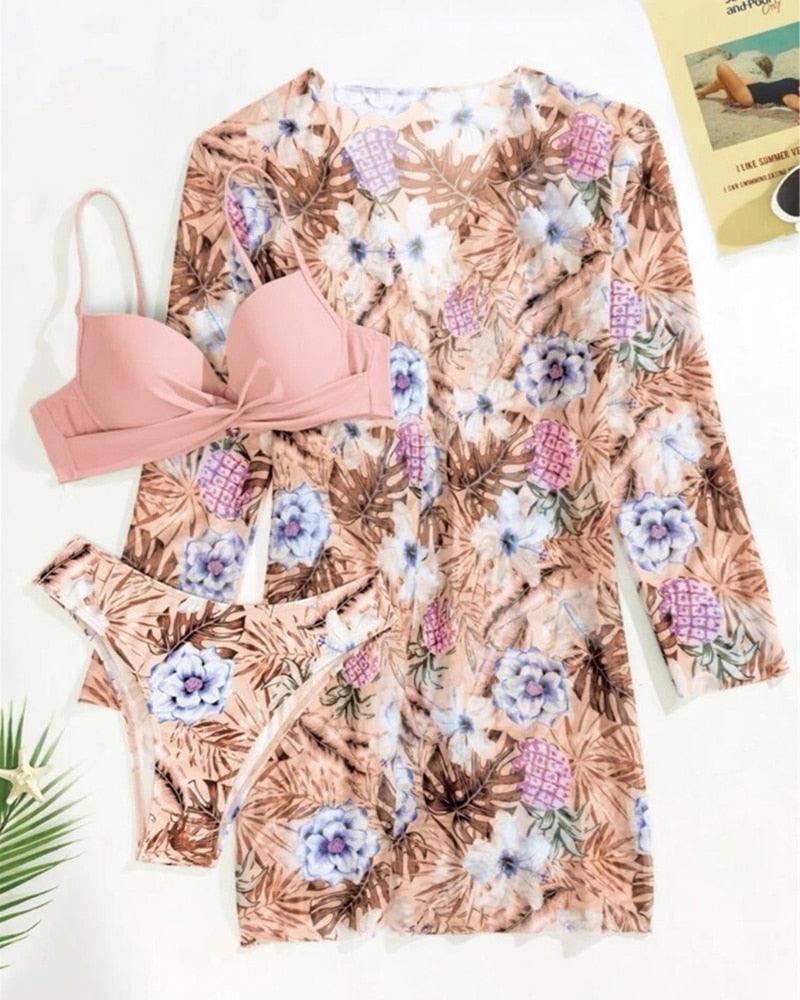 Great Floral Twist Low Waist Bikini Set - Cover Up Swimsuit For Women Push Up Long Sleeve Three Pieces Swimwear - Beach Bathing Suits (TB8D)(1U26)(F26) - Deals DejaVu
