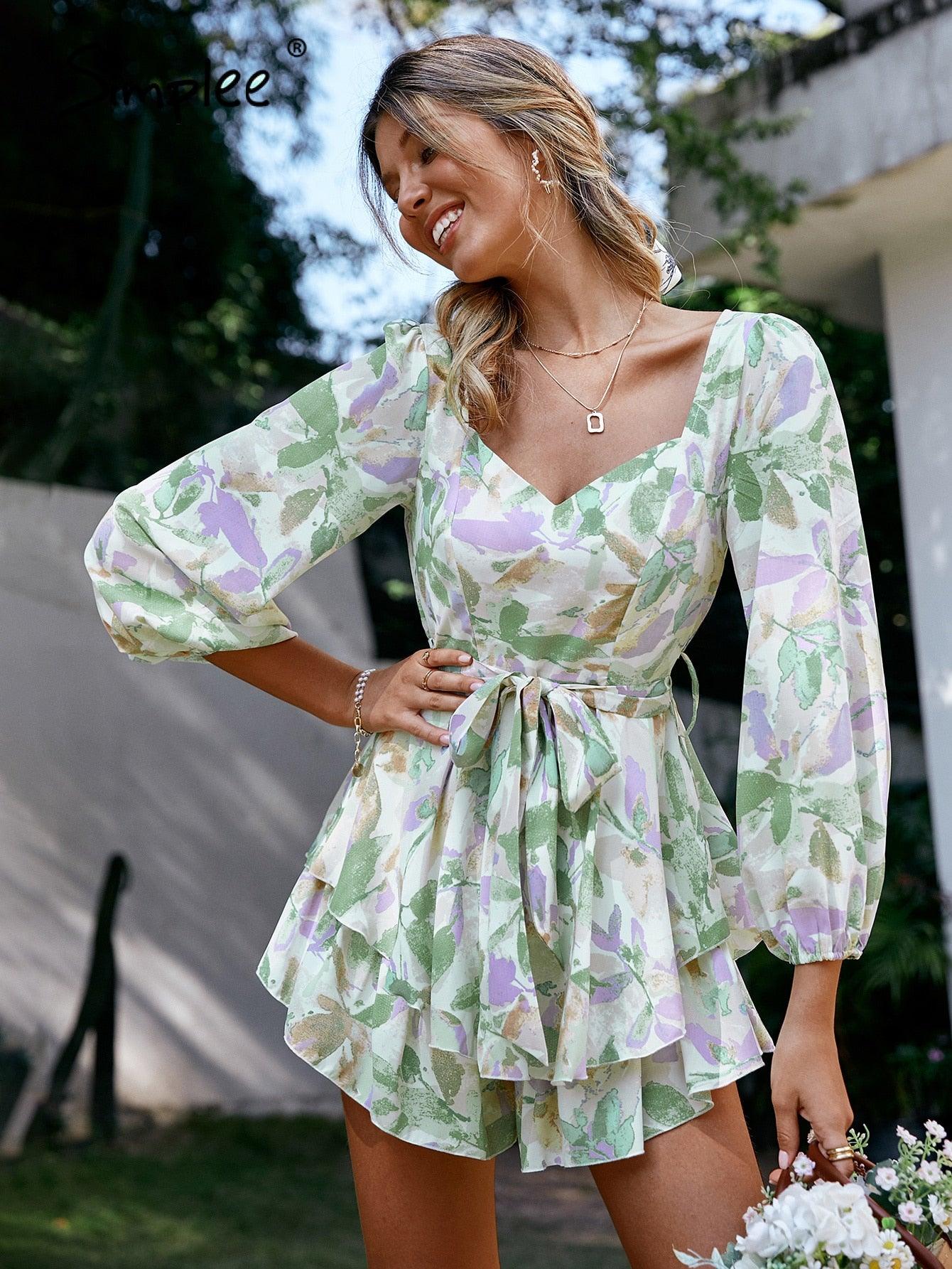 Trending Holiday sash long sleeve ruffle print romper - summer women Lace up floral short overall A-line v-neck beach rompers (BWD)(WS06)(F30)(2U30) - Deals DejaVu