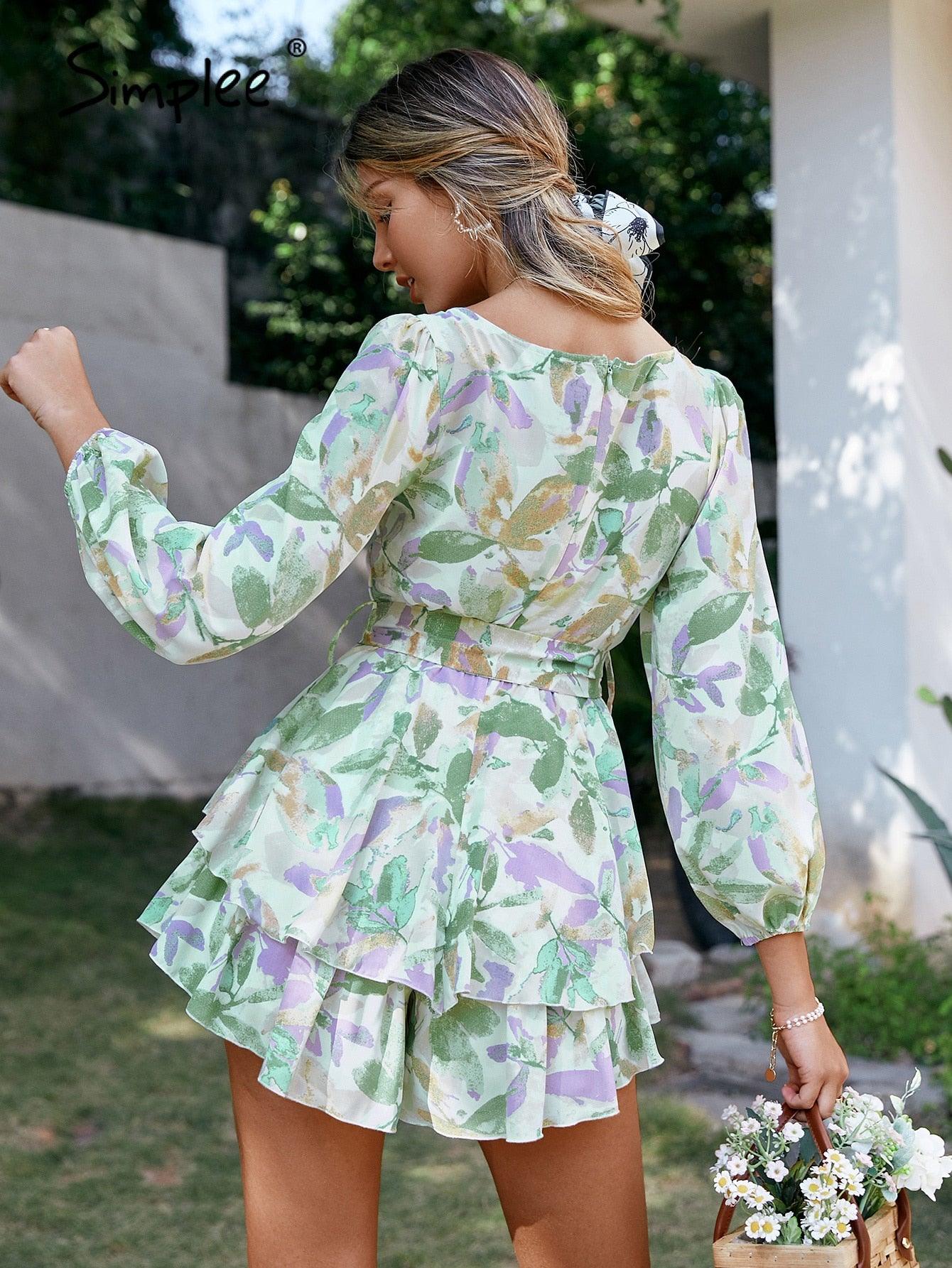 Trending Holiday sash long sleeve ruffle print romper - summer women Lace up floral short overall A-line v-neck beach rompers (BWD)(WS06)(F30)(2U30) - Deals DejaVu