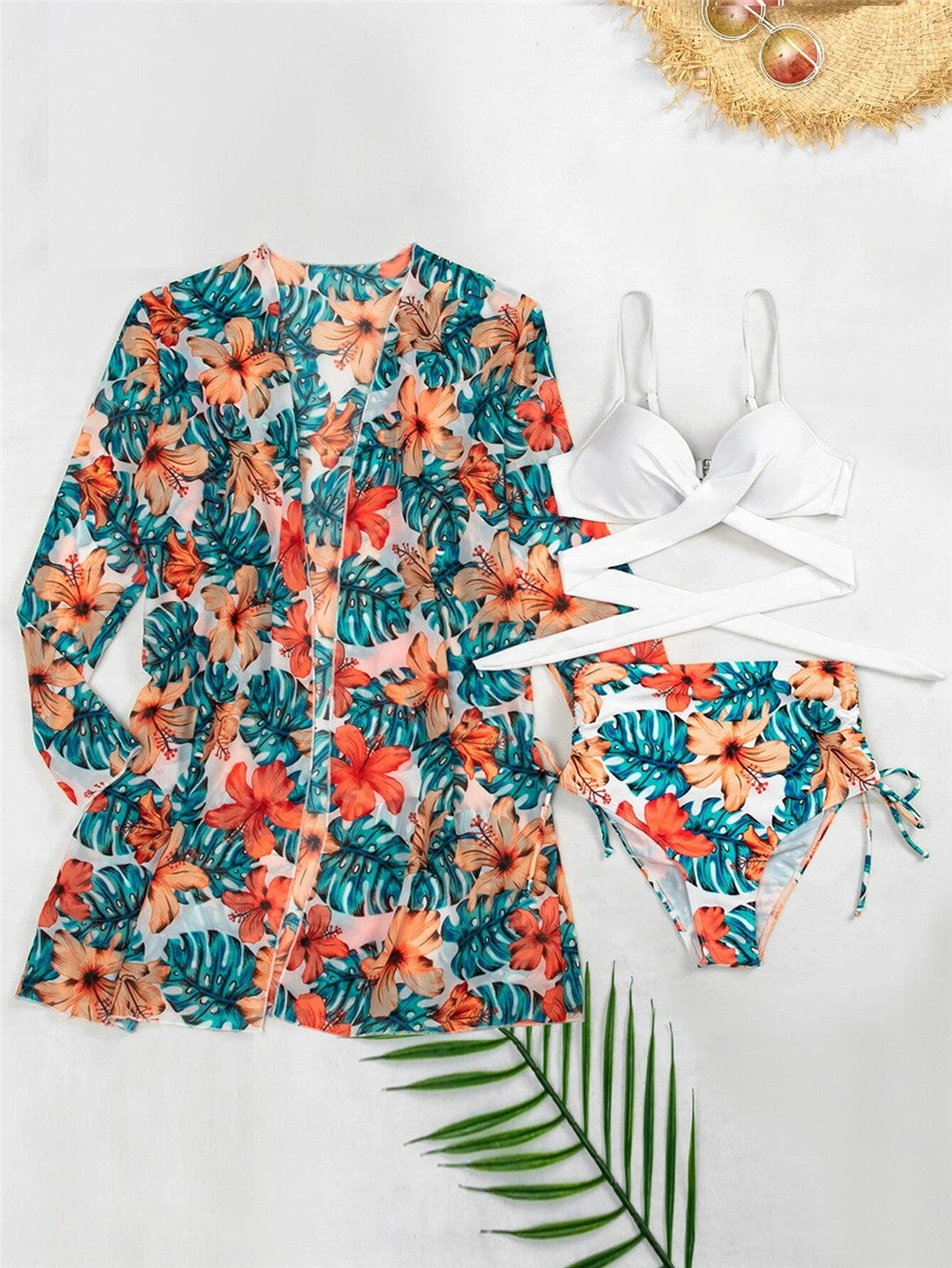 Trending New Three Pieces Bikinis Set - Cover Up Women Floral Print Push Up Swimsuit - Long Sleeve Twist Swimwear Bathing Suit (TB8D)(1U26)(F26) - Deals DejaVu