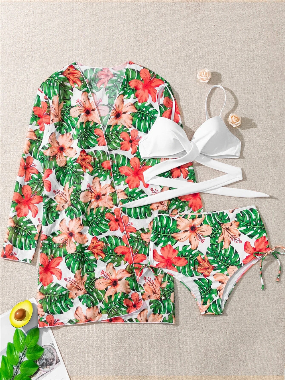 Trending New Three Pieces Bikinis Set - Cover Up Women Floral Print Push Up Swimsuit - Long Sleeve Twist Swimwear Bathing Suit (TB8D)(1U26)(F26) - Deals DejaVu