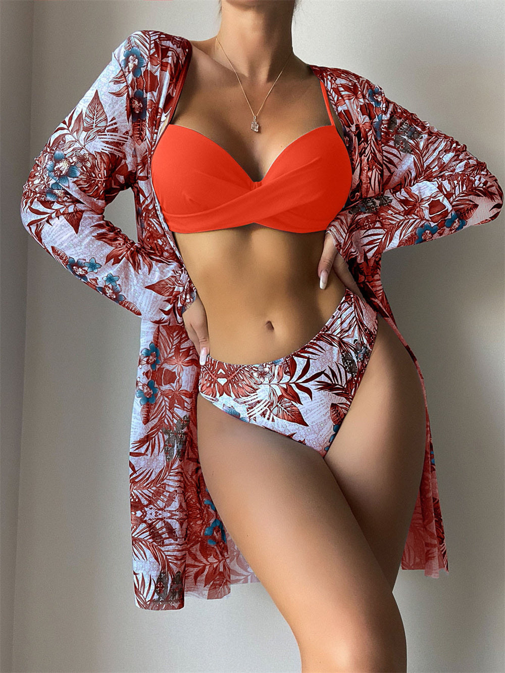 Trending New Three Pieces Bikinis Set - Cover Up Women Floral Print Push Up Swimsuit - Long Sleeve Twist Swimwear Bathing Suit (TB8D)(1U26)(F26) - Deals DejaVu