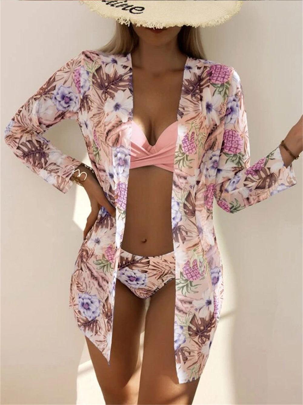Trending New Three Pieces Bikinis Set - Cover Up Women Floral Print Push Up Swimsuit - Long Sleeve Twist Swimwear Bathing Suit (TB8D)(1U26)(F26) - Deals DejaVu