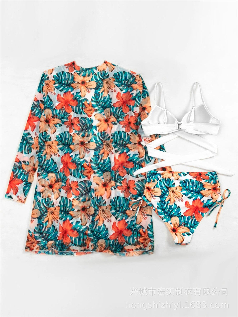 Trending New Three Pieces Bikinis Set - Cover Up Women Floral Print Push Up Swimsuit - Long Sleeve Twist Swimwear Bathing Suit (TB8D)(1U26)(F26) - Deals DejaVu