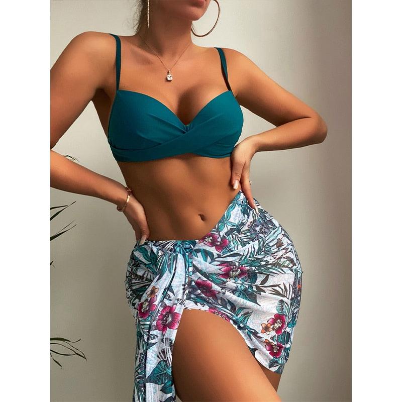 Trending New Three Pieces Bikinis Set - Cover Up Women Floral Print Push Up Swimsuit - Long Sleeve Twist Swimwear Bathing Suit (TB8D)(1U26)(F26) - Deals DejaVu
