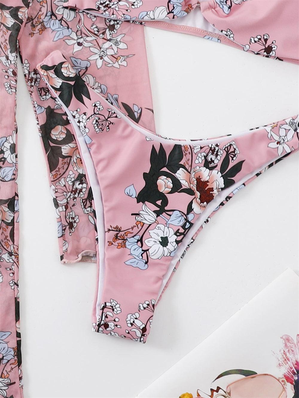 Trending New Three Pieces Bikinis Set - Cover Up Women Floral Print Push Up Swimsuit - Long Sleeve Twist Swimwear Bathing Suit (TB8D)(1U26)(F26) - Deals DejaVu