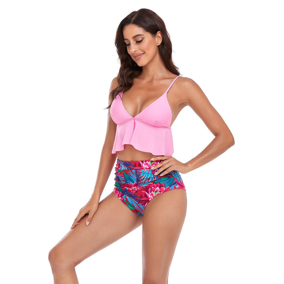 Deep V Neck Ruffles Swimwear Bikinis Sets - Women Swimsuit Two Pieces -High Waist Beach Bathing Suit Floral Beachwear (TB8D)(1U26)(F26) - Deals DejaVu