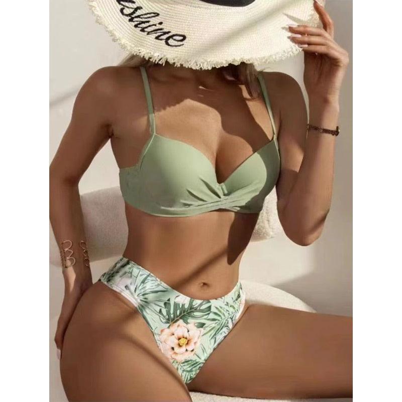 Trending New Three Pieces Bikinis Set - Cover Up Women Floral Print Push Up Swimsuit - Long Sleeve Twist Swimwear Bathing Suit (TB8D)(1U26)(F26) - Deals DejaVu