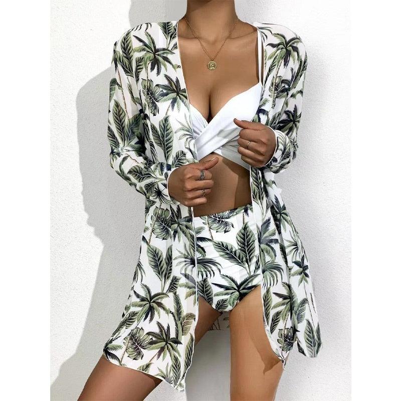 Trending New Three Pieces Bikinis Set - Cover Up Women Floral Print Push Up Swimsuit - Long Sleeve Twist Swimwear Bathing Suit (TB8D)(1U26)(F26) - Deals DejaVu