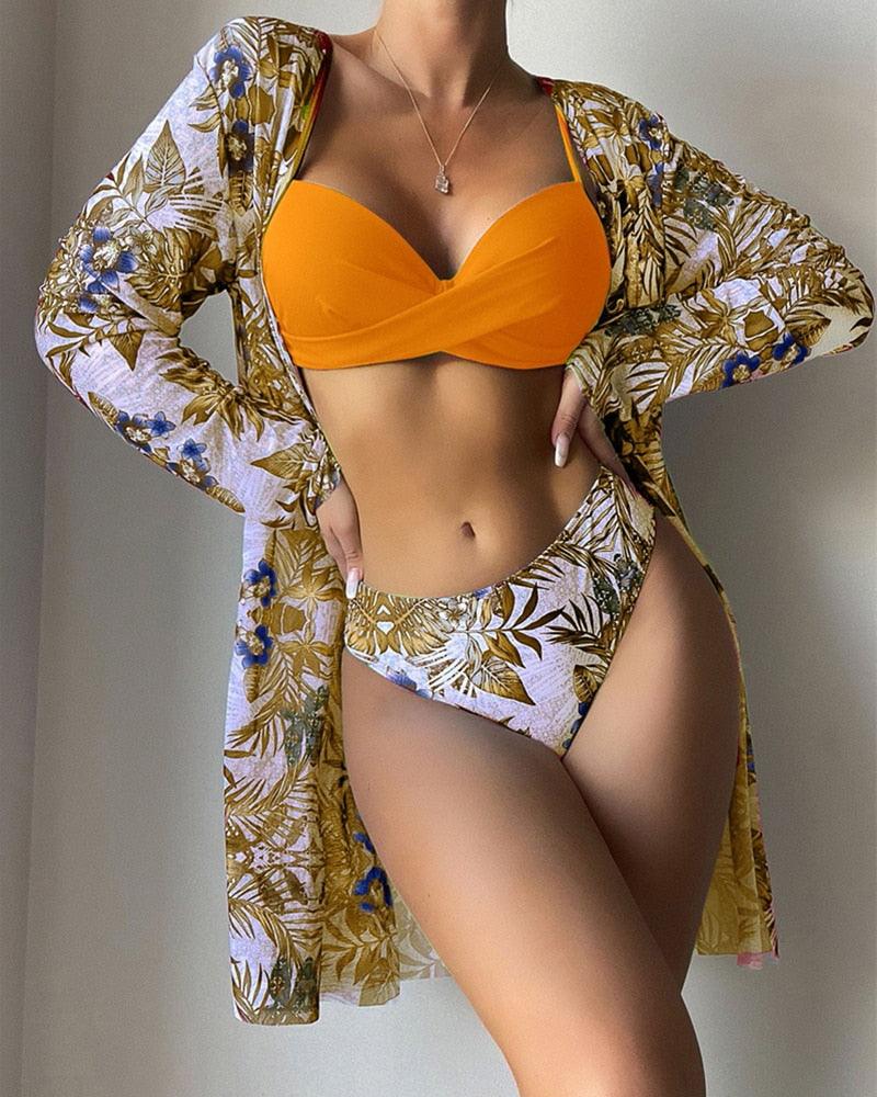 Great Floral Twist Low Waist Bikini Set - Cover Up Swimsuit For Women Push Up Long Sleeve Three Pieces Swimwear - Beach Bathing Suits (TB8D)(1U26)(F26) - Deals DejaVu