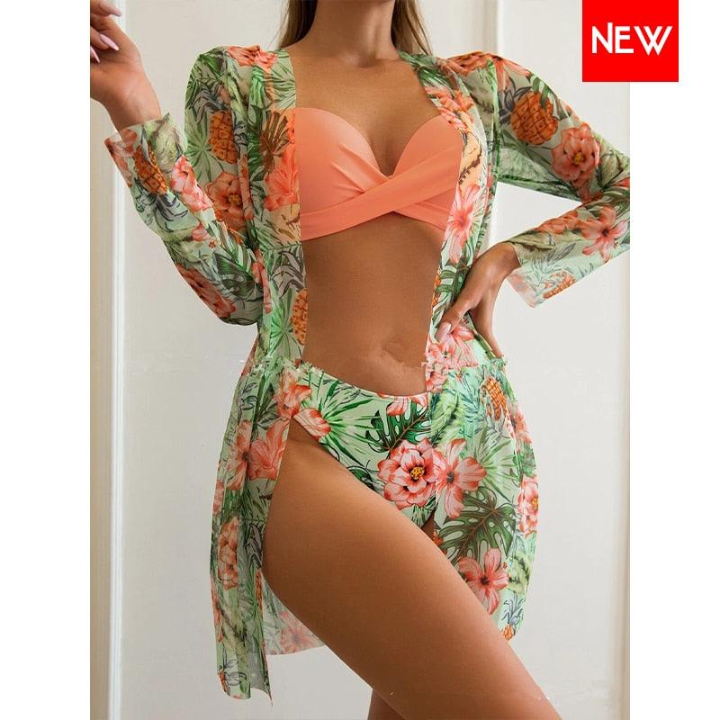 Trending New Three Pieces Bikinis Set - Cover Up Women Floral Print Push Up Swimsuit - Long Sleeve Twist Swimwear Bathing Suit (TB8D)(1U26)(F26) - Deals DejaVu