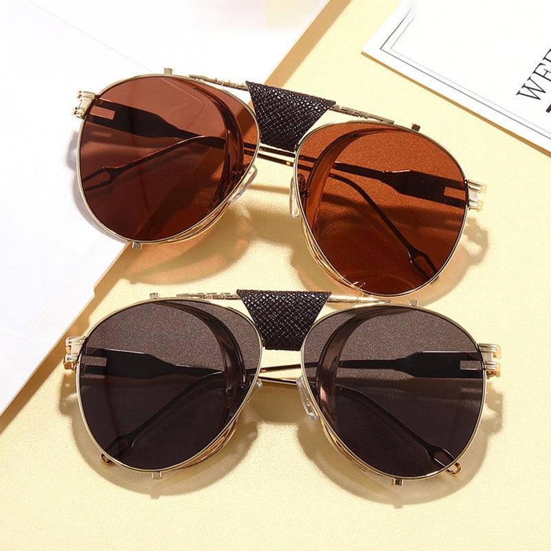 Folding Steampunk Pilot Sunglasses - Designer PU Leather Rivet Punk Sun Glasses UV400 (2U102)
