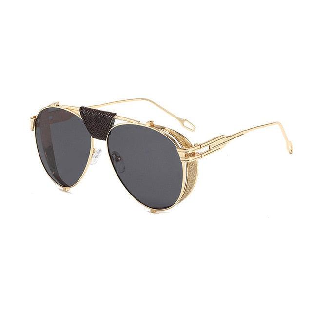 Folding Steampunk Pilot Sunglasses - Designer PU Leather Rivet Punk Sun Glasses UV400 (2U102)