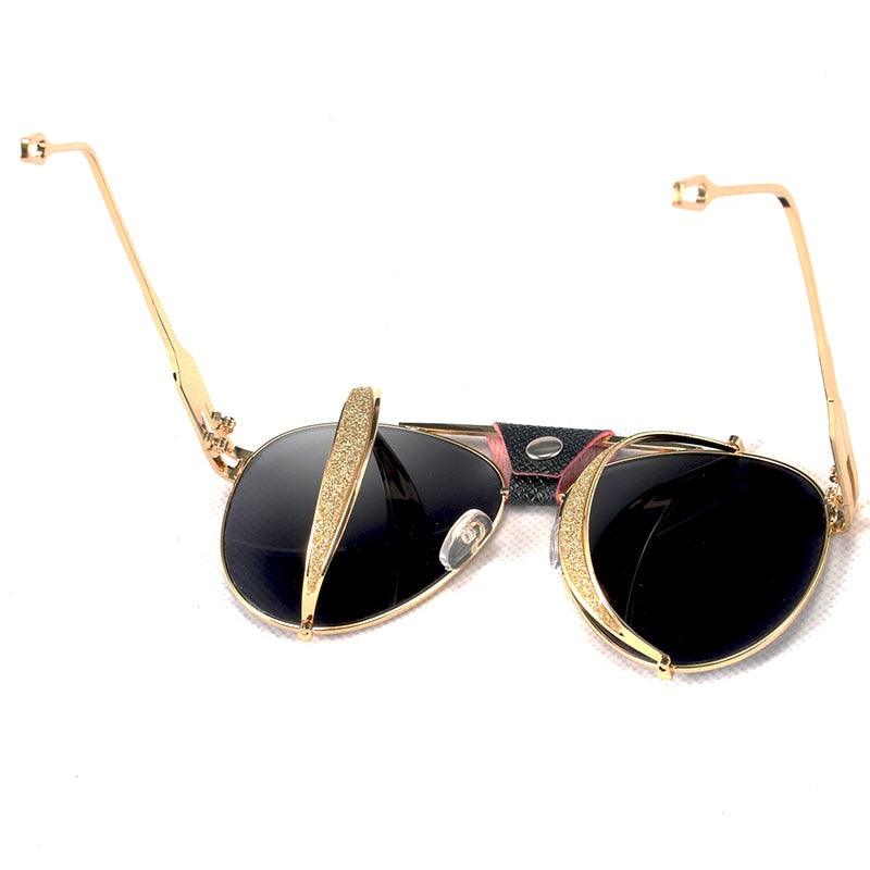 Folding Steampunk Pilot Sunglasses - Designer PU Leather Rivet Punk Sun Glasses UV400 (2U102)