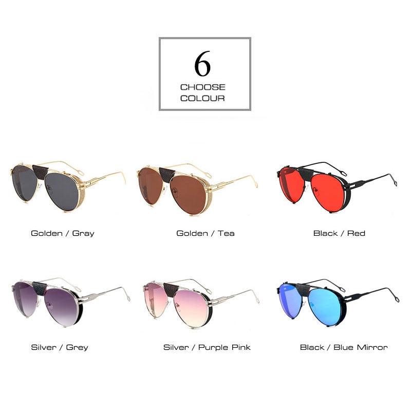Folding Steampunk Pilot Sunglasses - Designer PU Leather Rivet Punk Sun Glasses UV400 (2U102)