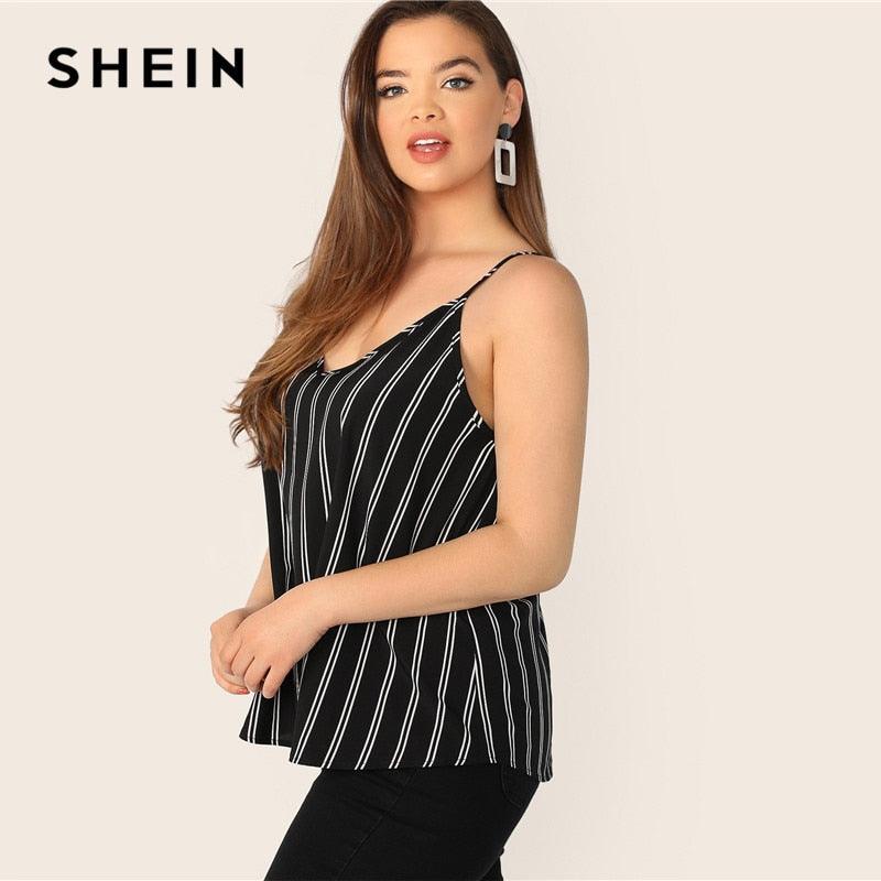 Plus Size V-Back Pinstripe Top - Women Spaghetti Strap - Summer Striped V Neck Casual Camisole Tops (TB3)(F19)