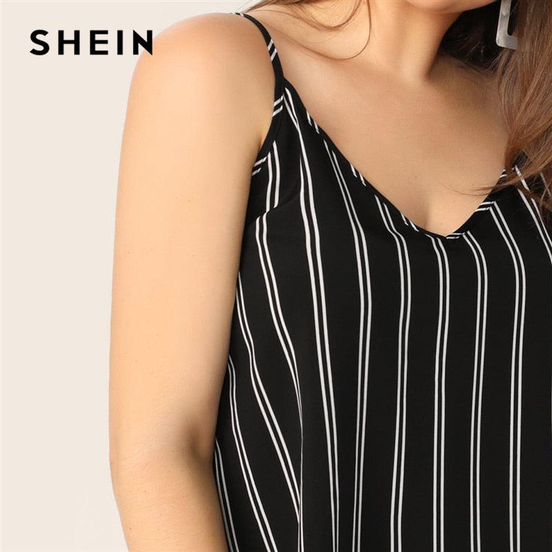 Plus Size V-Back Pinstripe Top - Women Spaghetti Strap - Summer Striped V Neck Casual Camisole Tops (TB3)(F19)