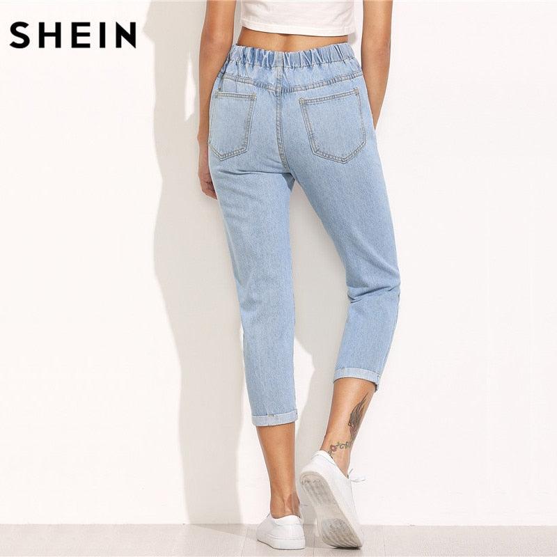 Women Summer Pants - Casual Blue Ripped Mid Waist Drawstring Skinny Denim Jeans (TB6)(F21)