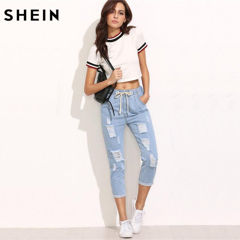 Women Summer Pants - Casual Blue Ripped Mid Waist Drawstring Skinny Denim Jeans (TB6)(F21)
